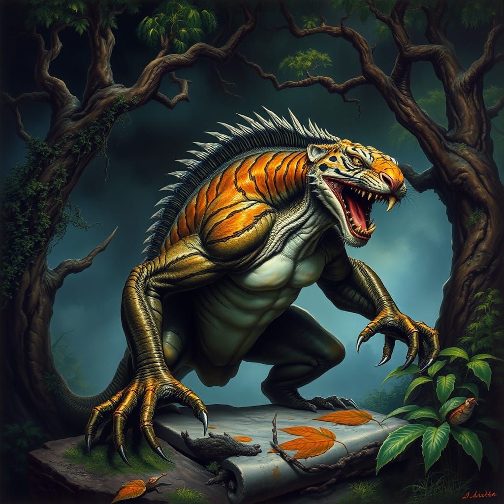 Tiger-Iguana Hybrid Beast Unleashed in Dark Jungle Realm