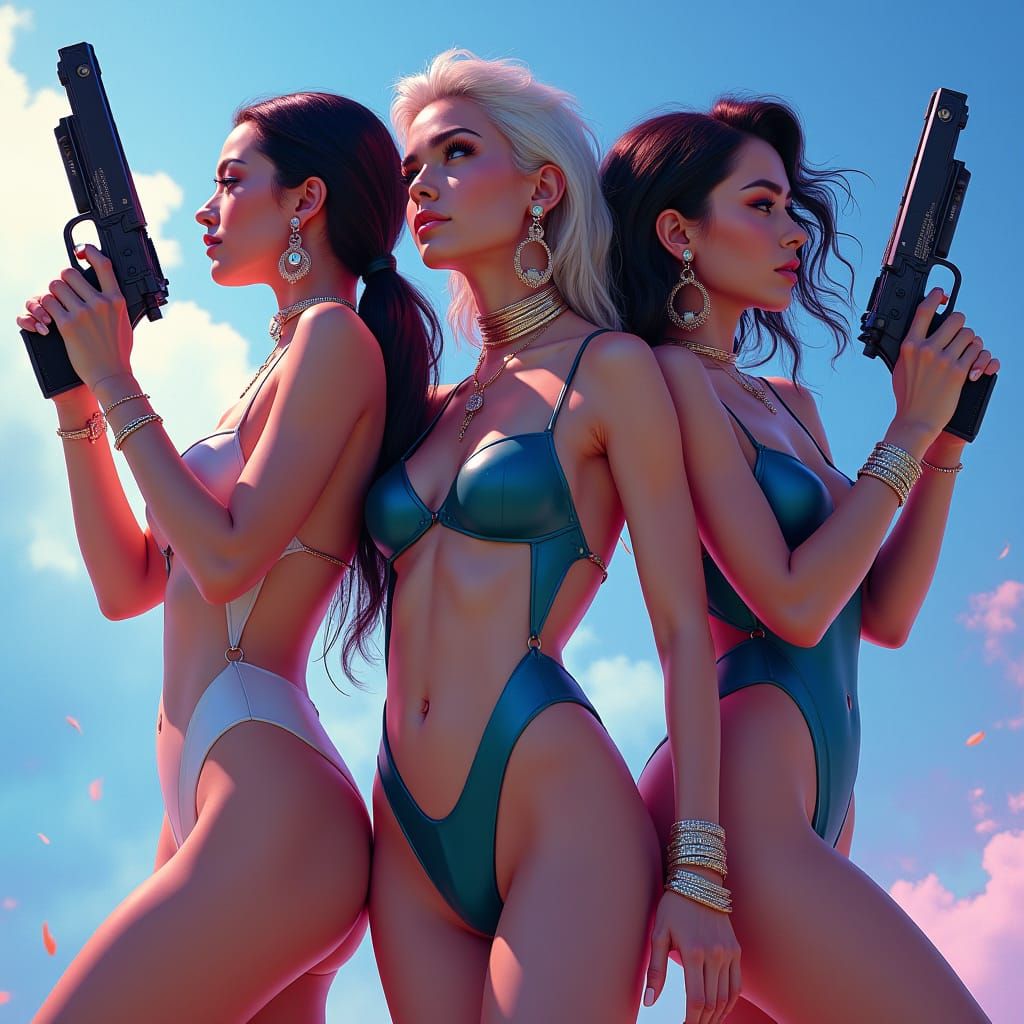 Women with Futuristic Guns in Dreamlike Setting