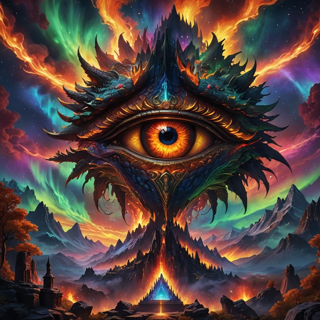 Mystical All-Seeing Eye with Fire Dragon in Aurora