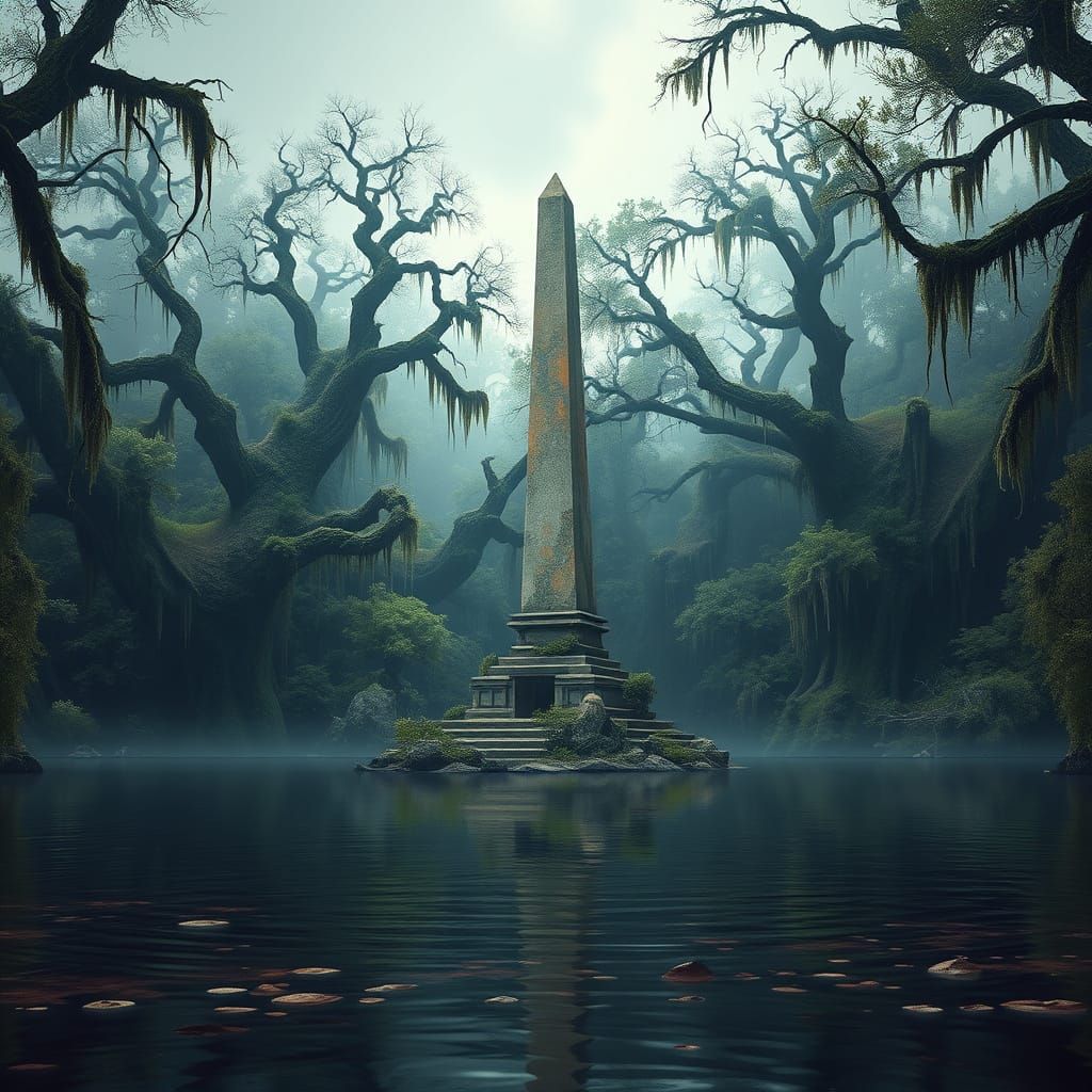 Mystical Obelisk in Ancient Forest, Hyperrealistic Style