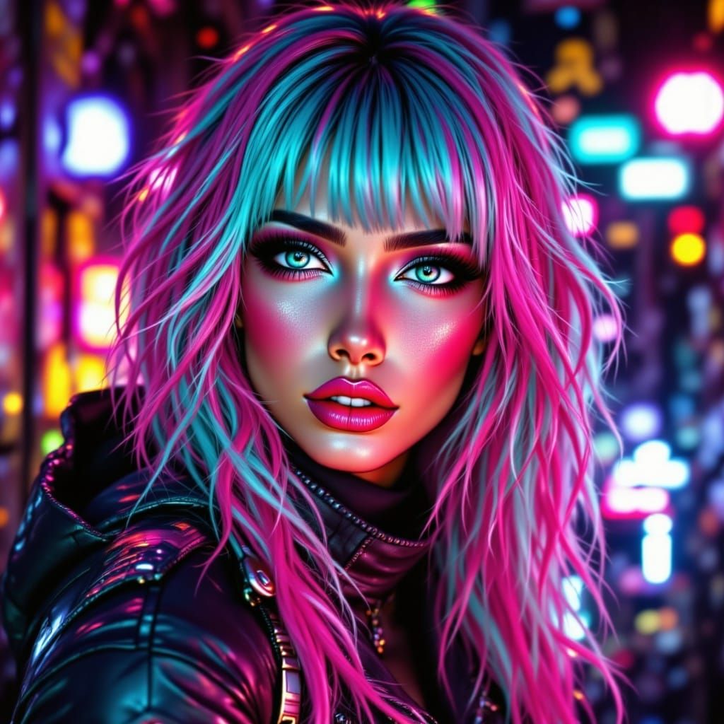 Glowing Neon Goddess in Leather Jacket