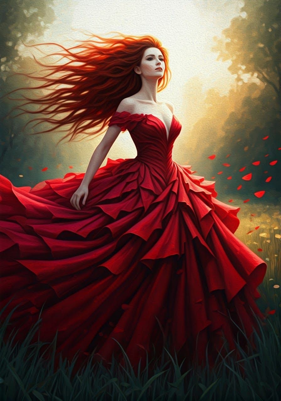 Woman Surrounded by Crimson Rose Petals in Dreamy Summer Lan...