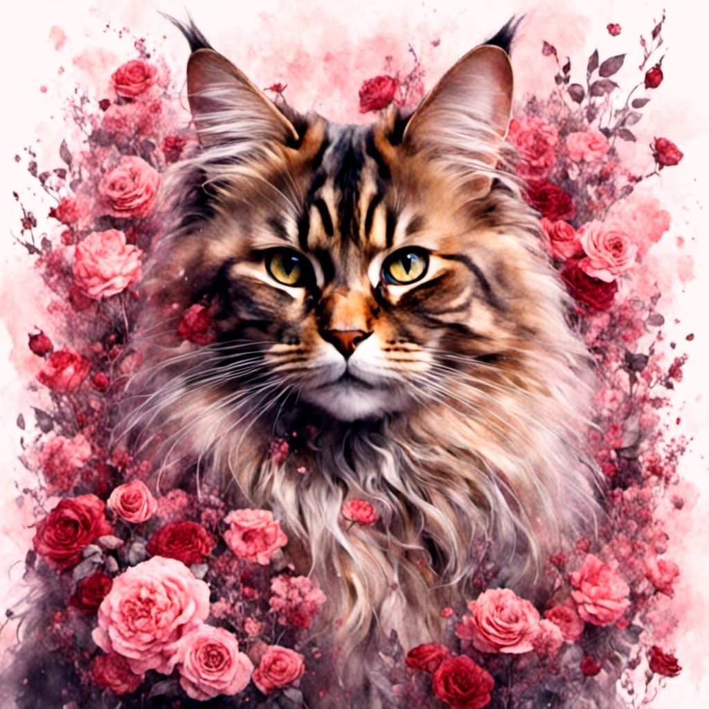 Maine Coon Cat Surrounded by Pink Roses