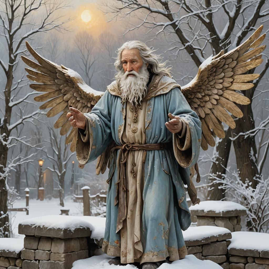 Whimsical Folk Art Angel Watching Children Play