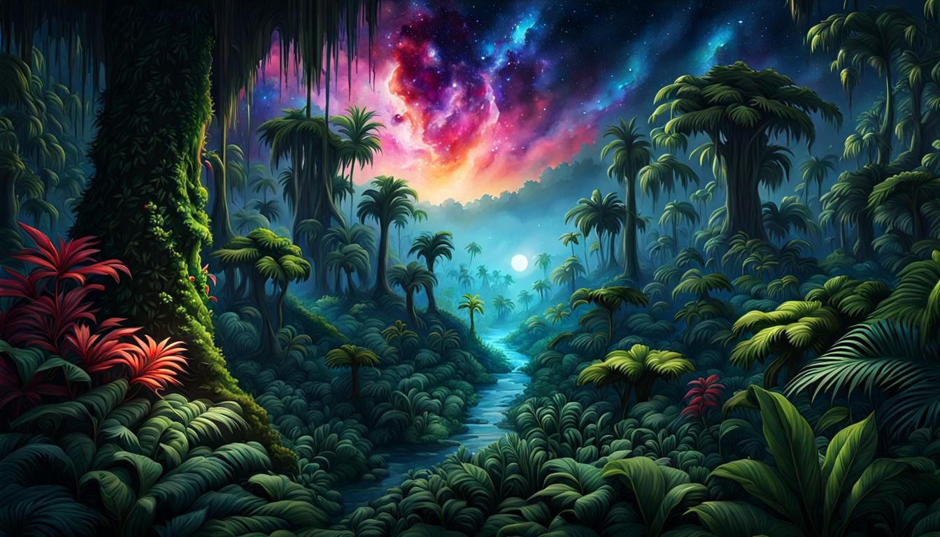 Night Jungle Under Galaxy Sky: Watercolor Art