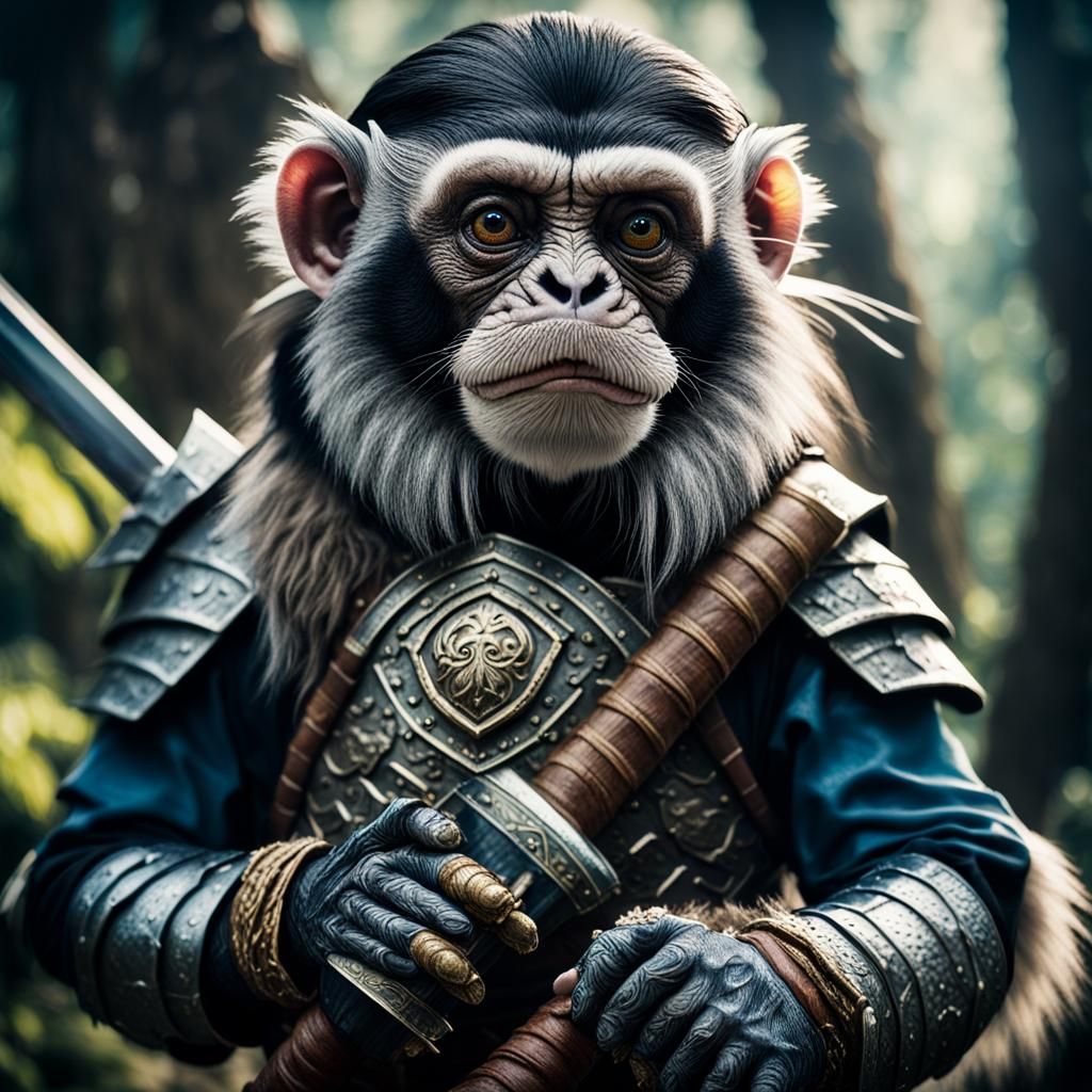 Armored Emperor Tamarin Monkey with Sword and Axe
