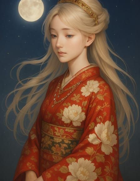 Asian Girl in Kimono Under Moonlight: Fantasy Art