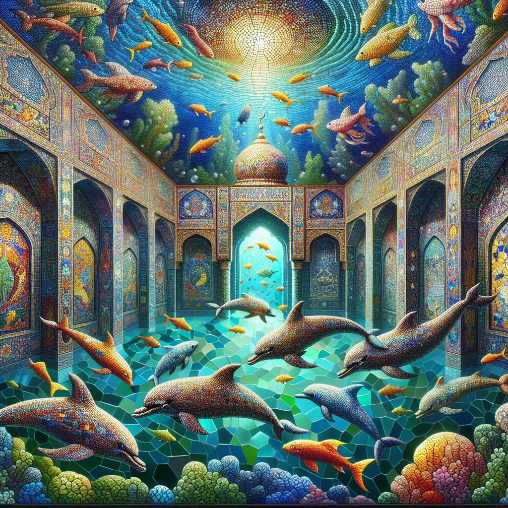 Stained glass mosaic art, underwater Islamic palace, vibrant marine courtyards, mosaic dolphins and fish, intricate hype...