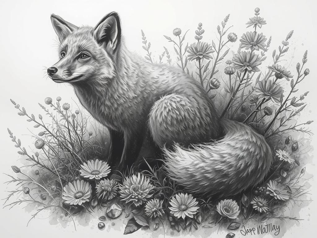 Lively Doodle World: Hyperdetailed Charcoal Fox Drawing