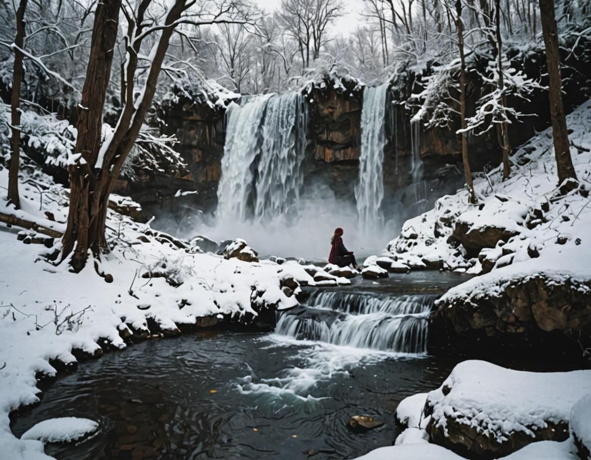 Winter Waterfall Scene with Girl Bathing