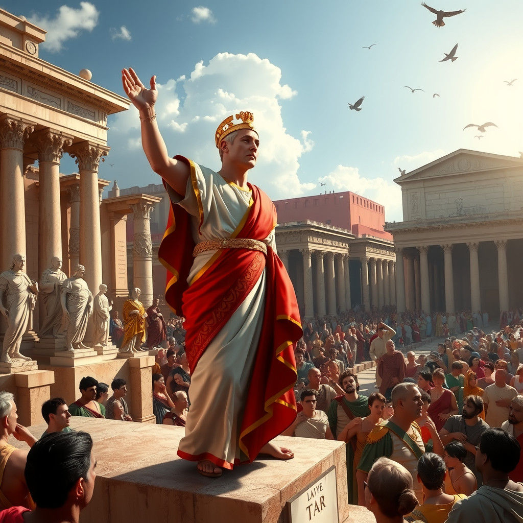 Julius Caesar Addresses Rome in Grandeur