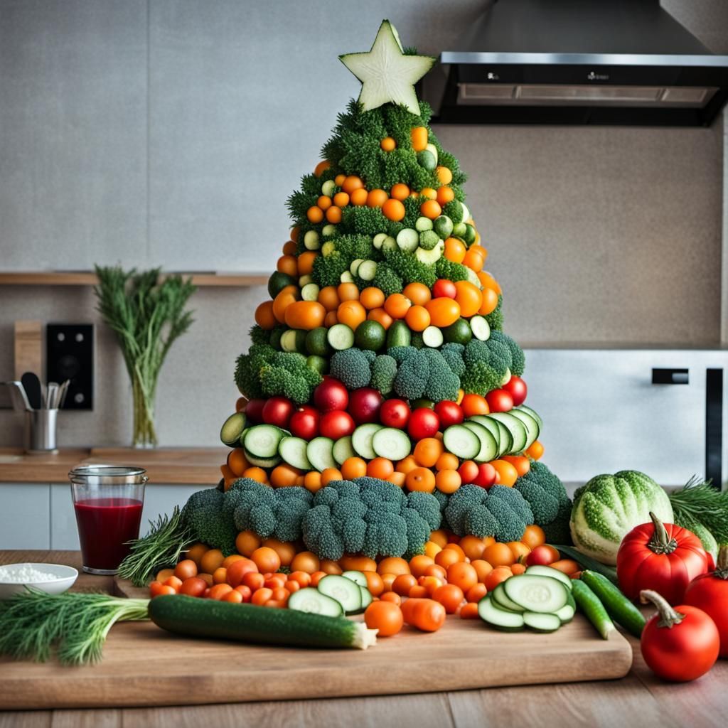 Christmas tree made of vegetables on a table in the kitchen