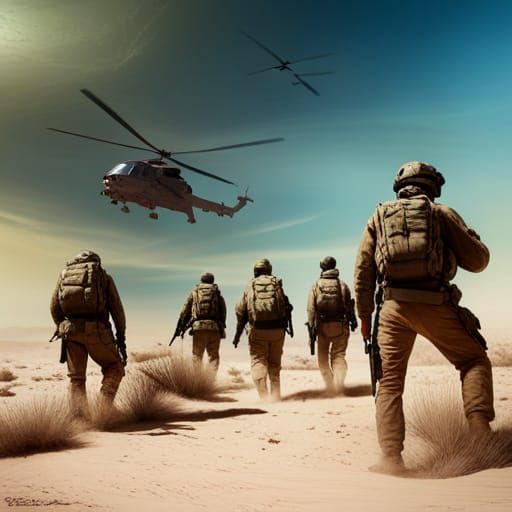 Soldiers Await Evacuation by Apache Helicopters