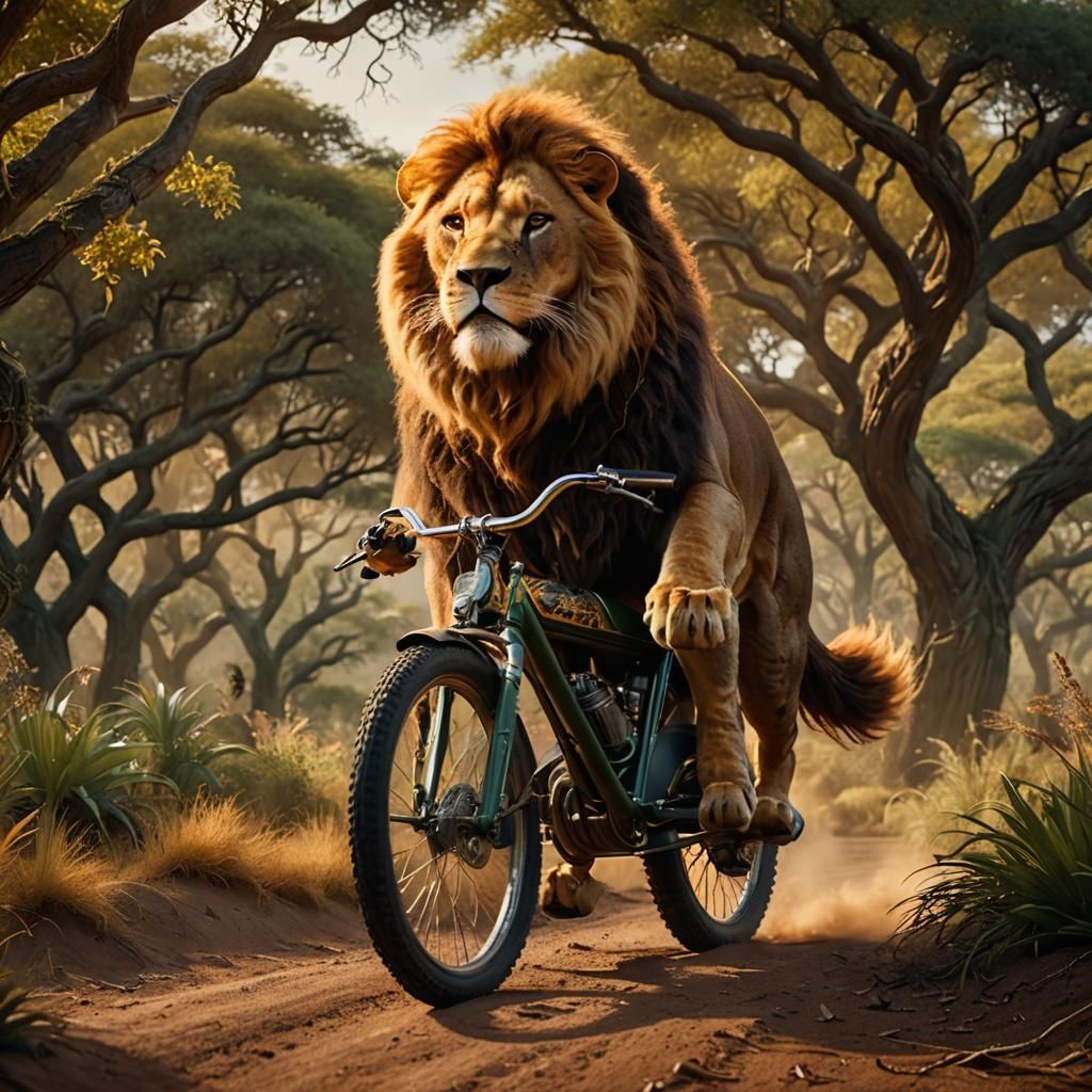 Mufasa on Motorcycle in Fantastical Savannah