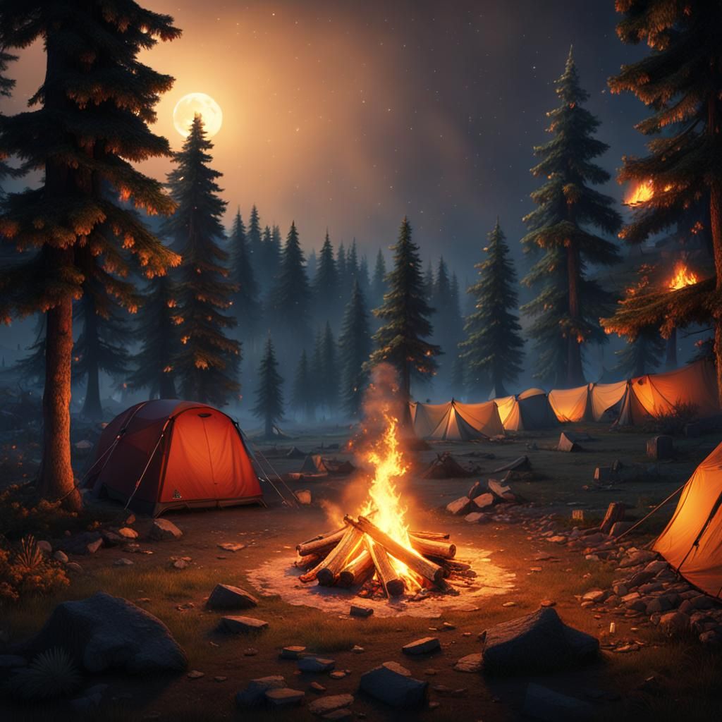 Night Campfire Scene with Tents and Pine Trees