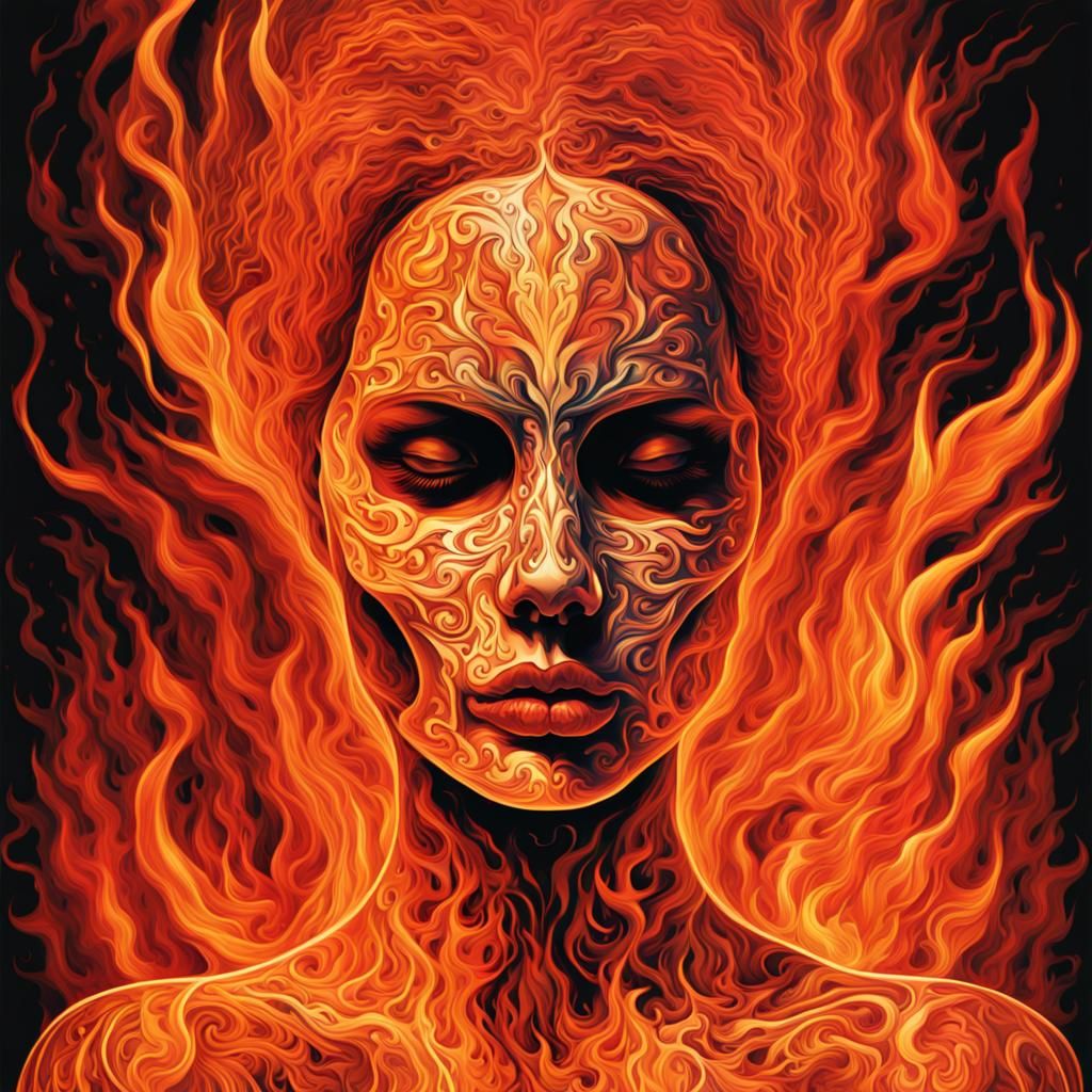 Fiery Skull Woman: Abstract Body Outline in Flames
