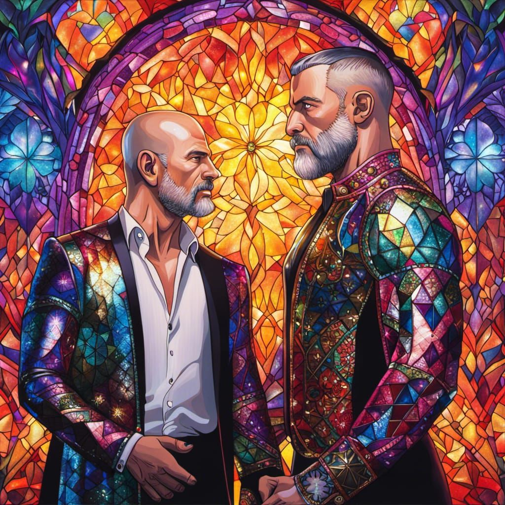 Two Men Holding Hands in Colorful Stained Glass Portrait