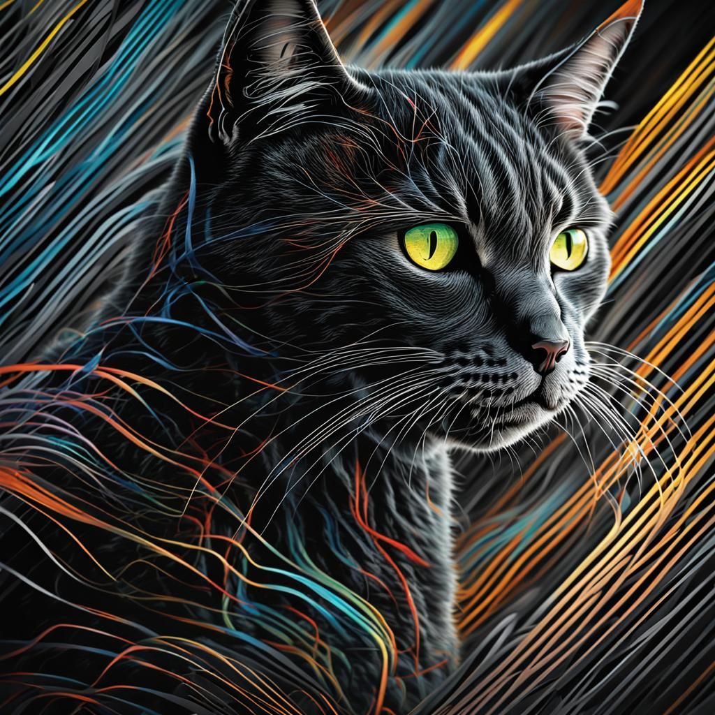 Dynamic Line Art Cat in Double Exposure Style