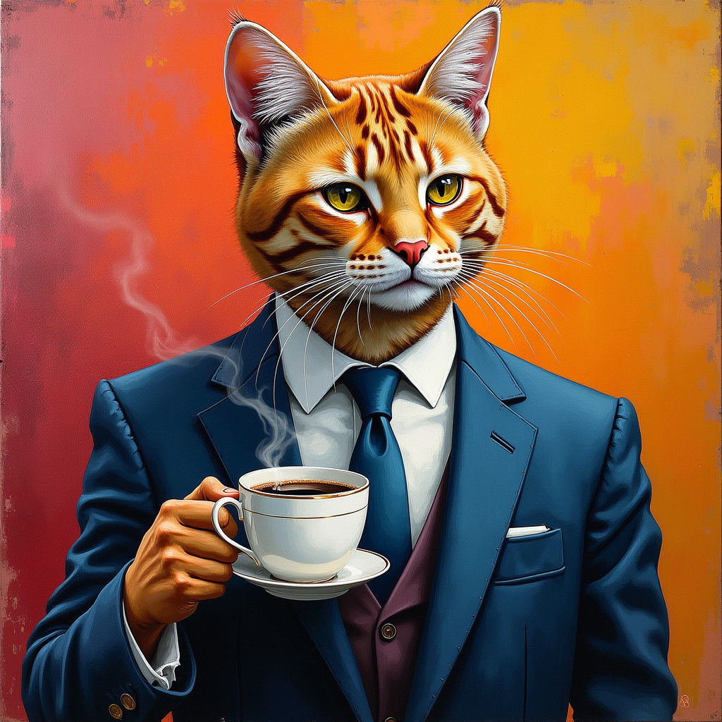 Cat in Suit with Coffee, Post-Impressionist Style