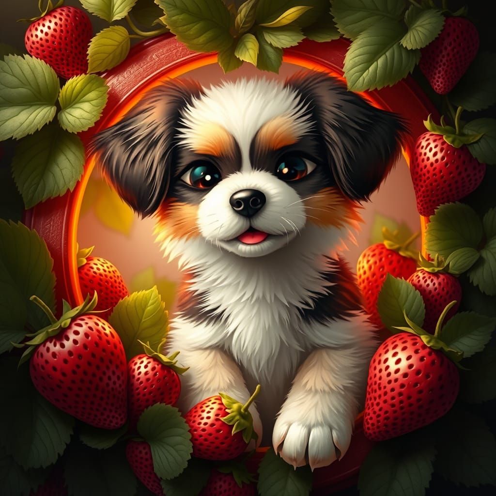Adorable Plush Dog in Strawberry Frame, Digital Art