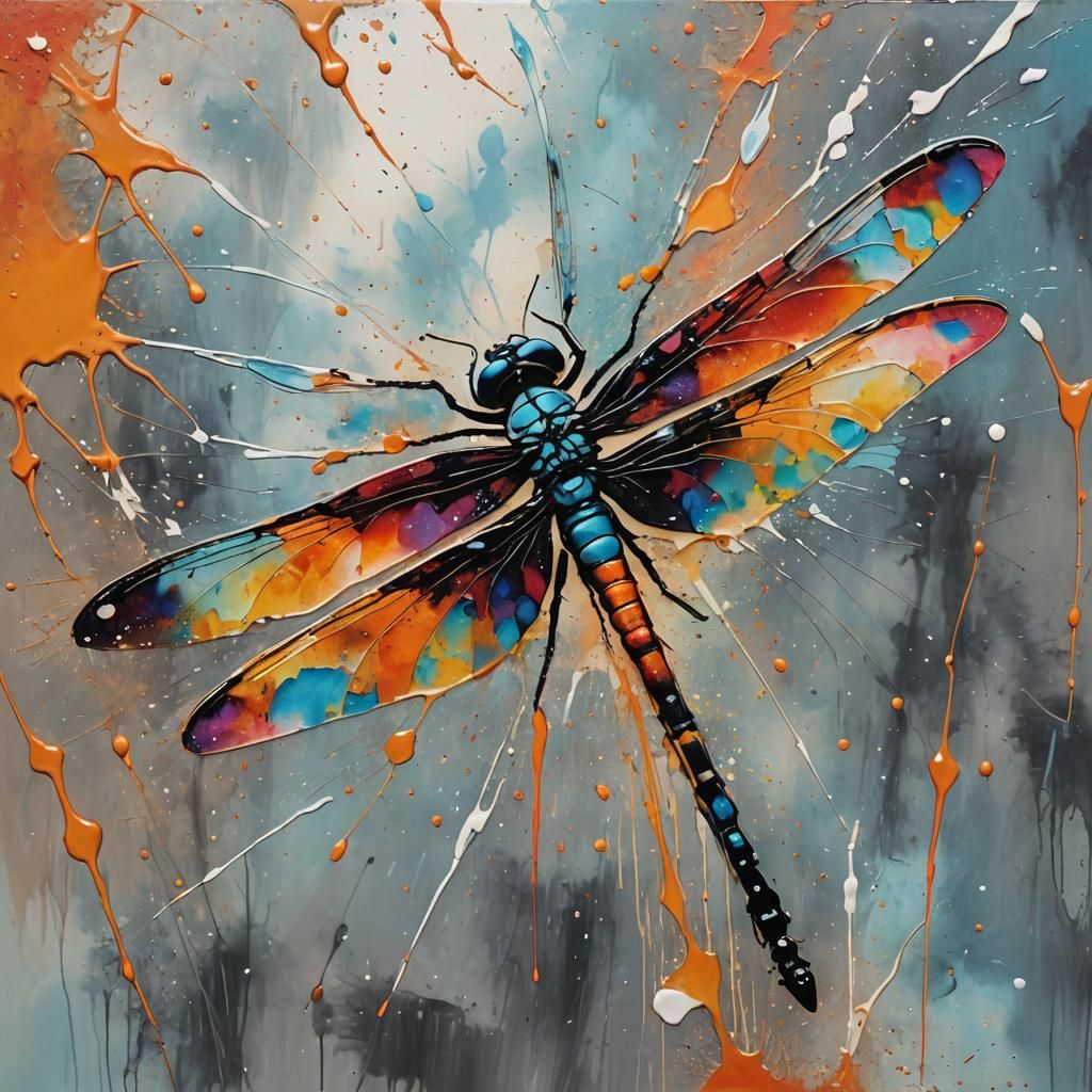 Surreal Acrylic Dragonfly Splash Art with Nature Scenes