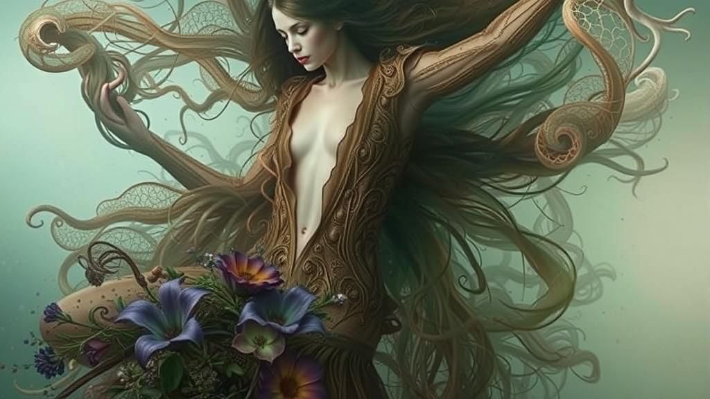 Woman Exploding in Mycelium Network: Warped Perspective