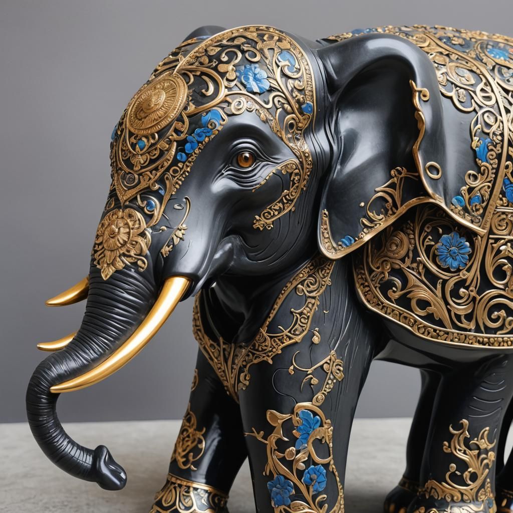Ceramic Elephant Sculpture with Golden Inlay