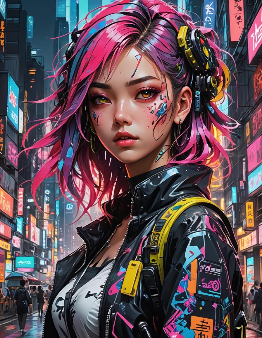 Android Girl in Harajuku Cyberpunk Anime Style