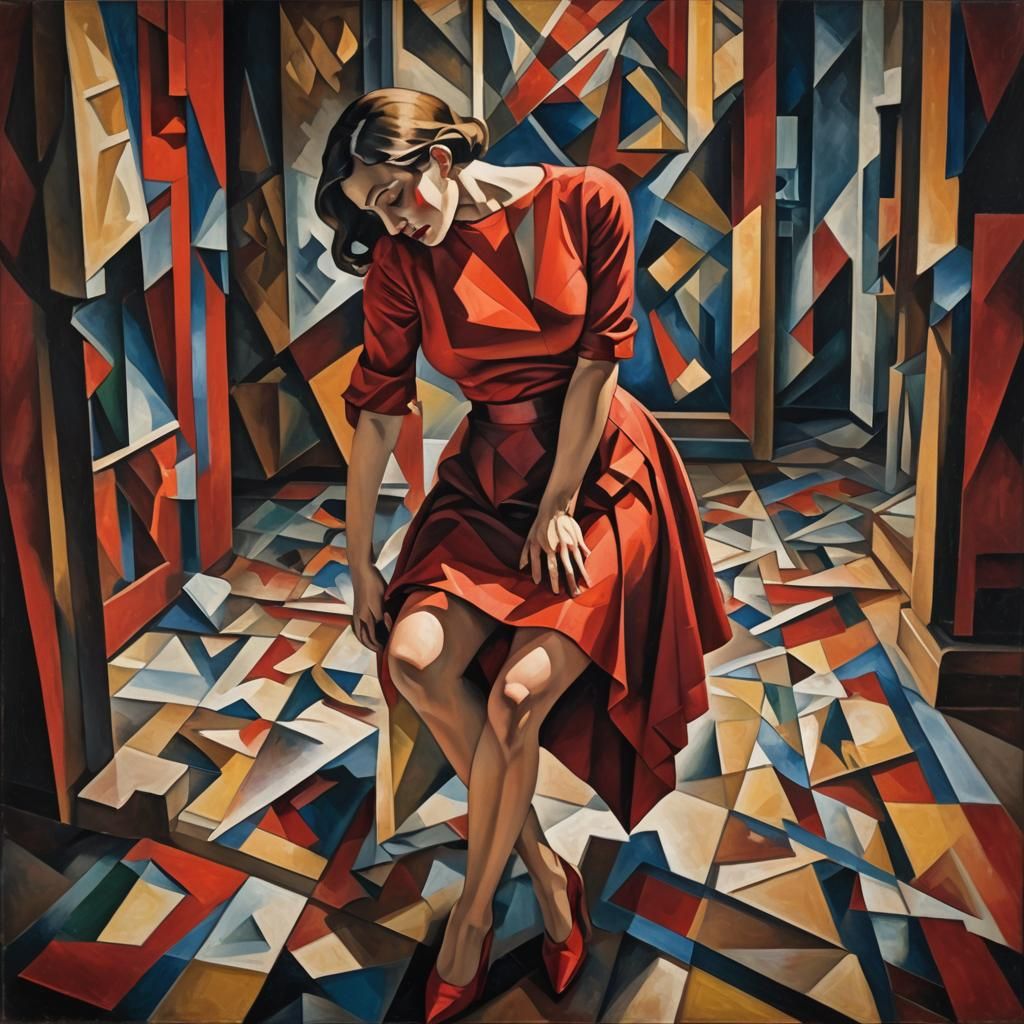 Cubist Woman in Ornate Room with Geometric Shapes