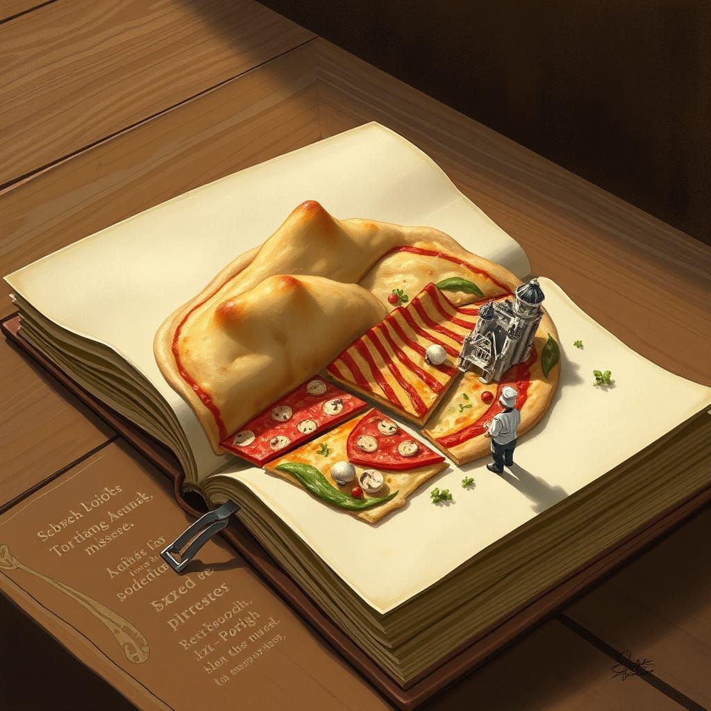 For the "Pizza" challenge, imagine an old, leather-bound cookbook lying open on a wooden table, with a miniature pizza w...