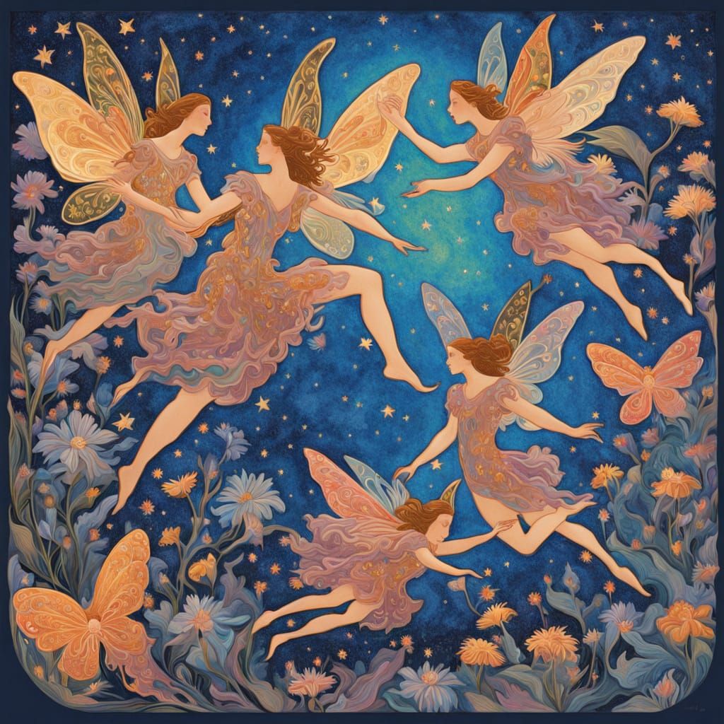 Iridescent Fairies Take Flight from Starlit Flowers in Gouac...