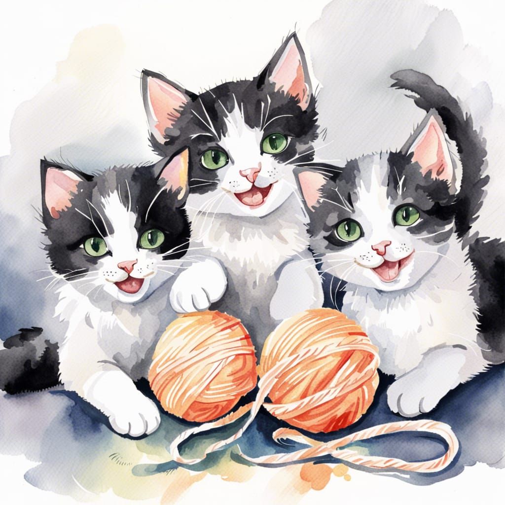 Smiling Kittens Playing: A Watercolor Painting