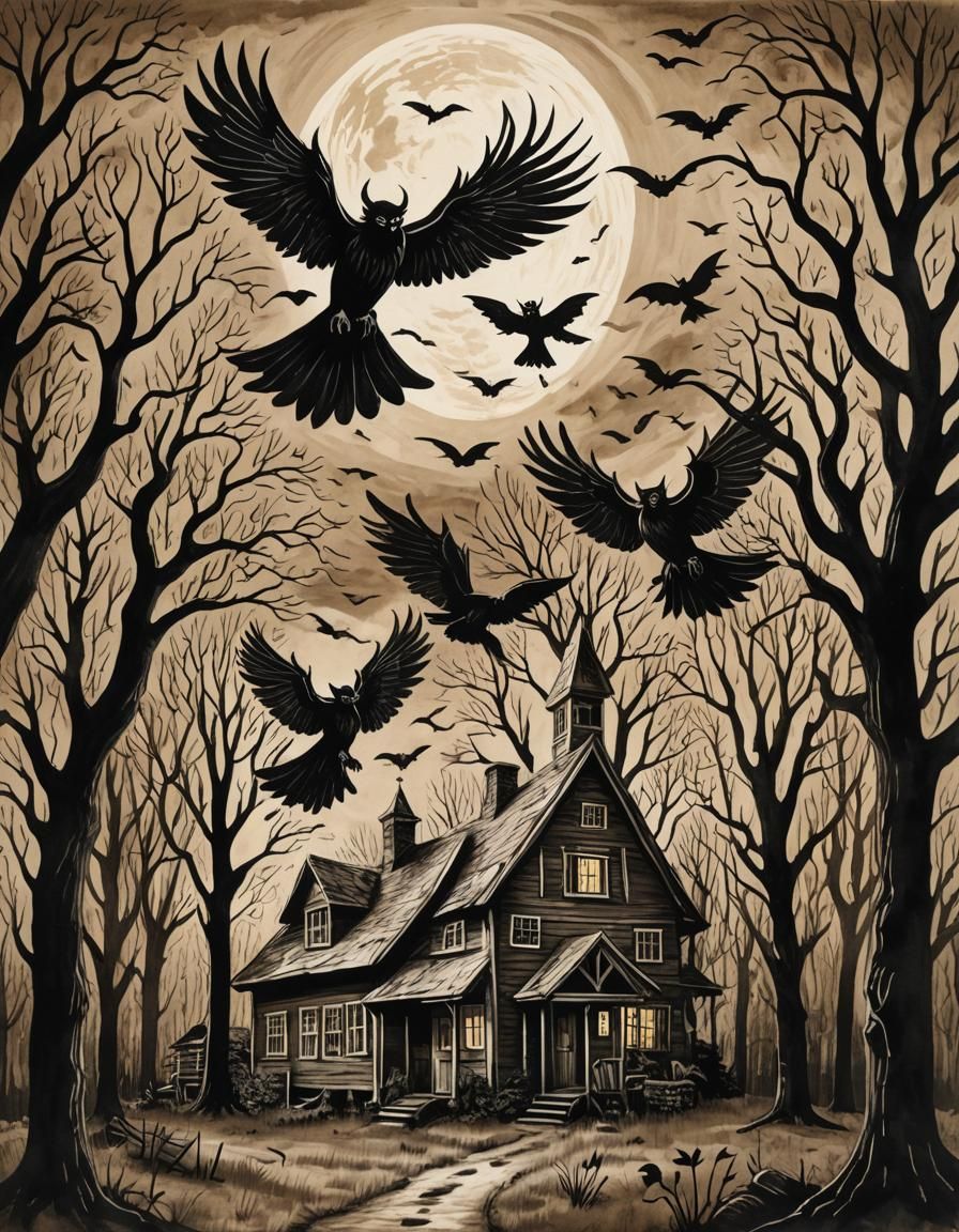 Eerie Woodcut Demons Fly Over Salem Farmland