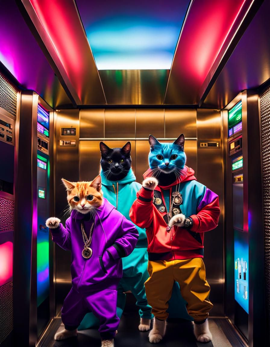 Hip-Hop Cats Party in Elevator with Boombox