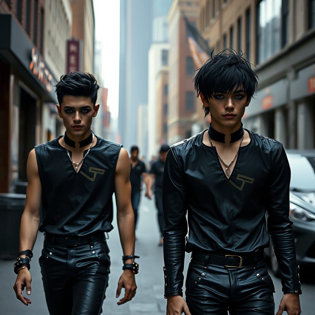 Goth Men in Cyberpunk Cityscape