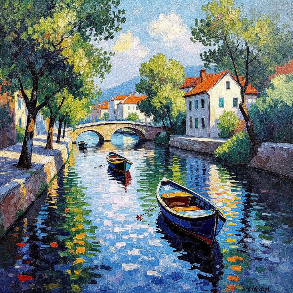 Neo-Impressionist Water Scene with Textured Paint