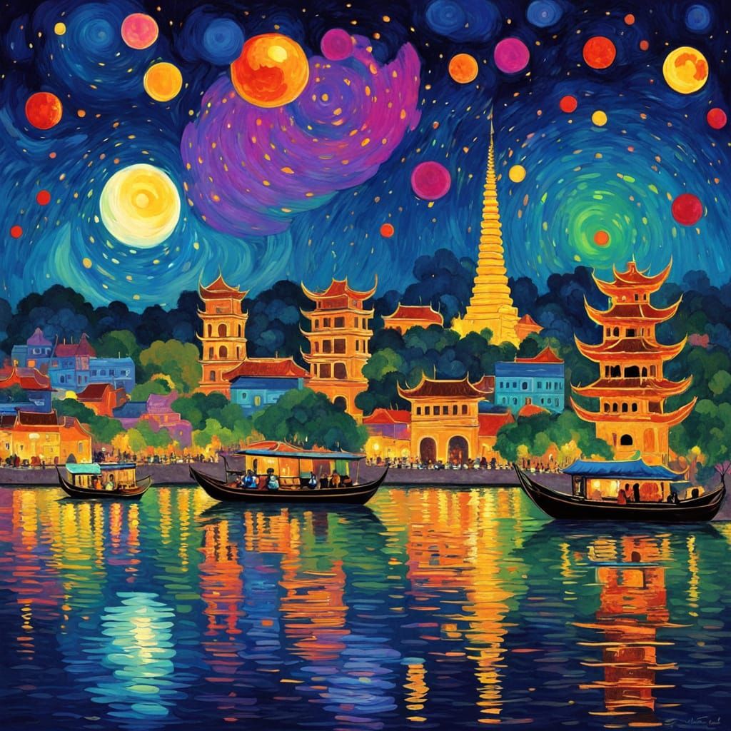Hanoi Night Cityscape With Celestial Aurora in Klimt Style