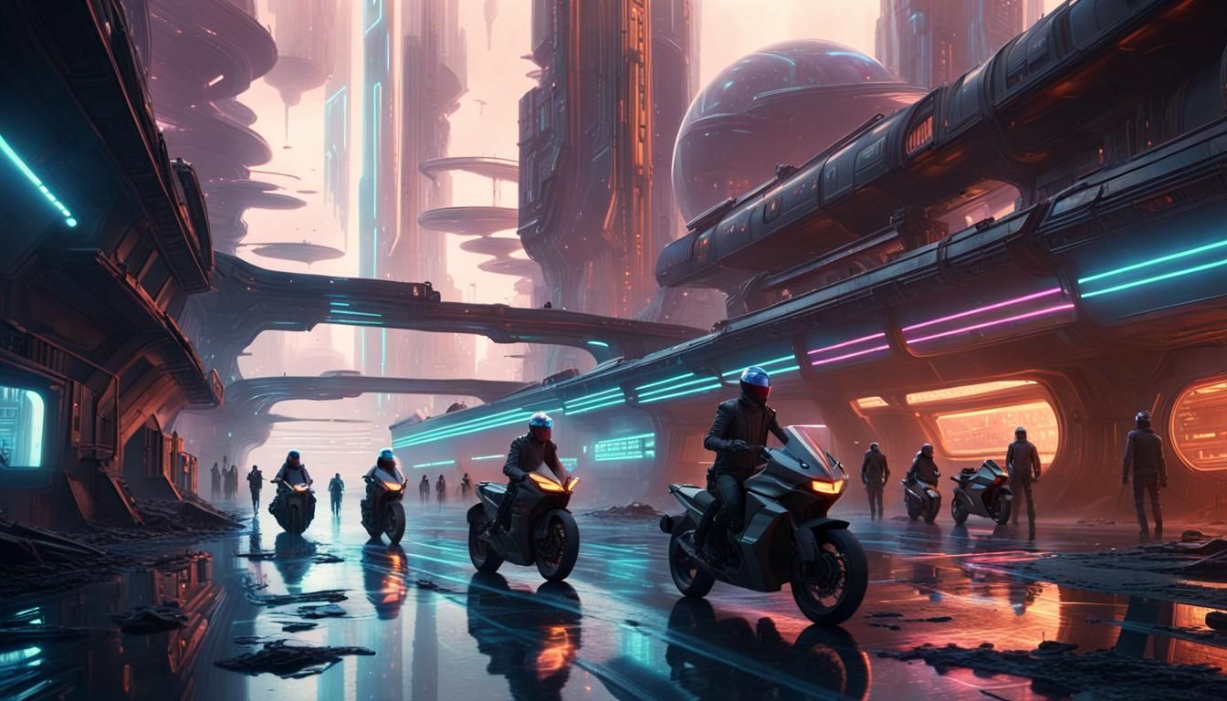 Futuristic Riders in Post-Apocalyptic Space Colony