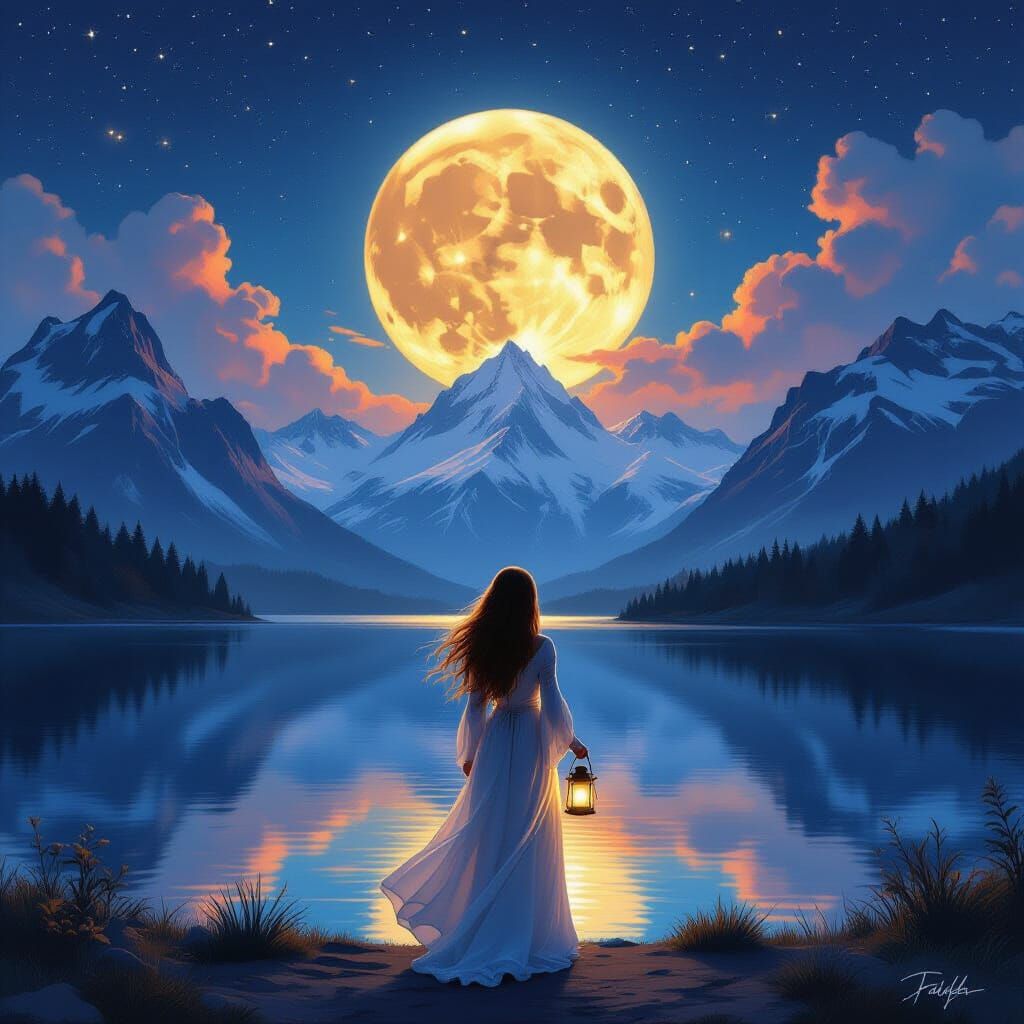 Ethereal Romantic Landscape with Woman and Moonlit Lake