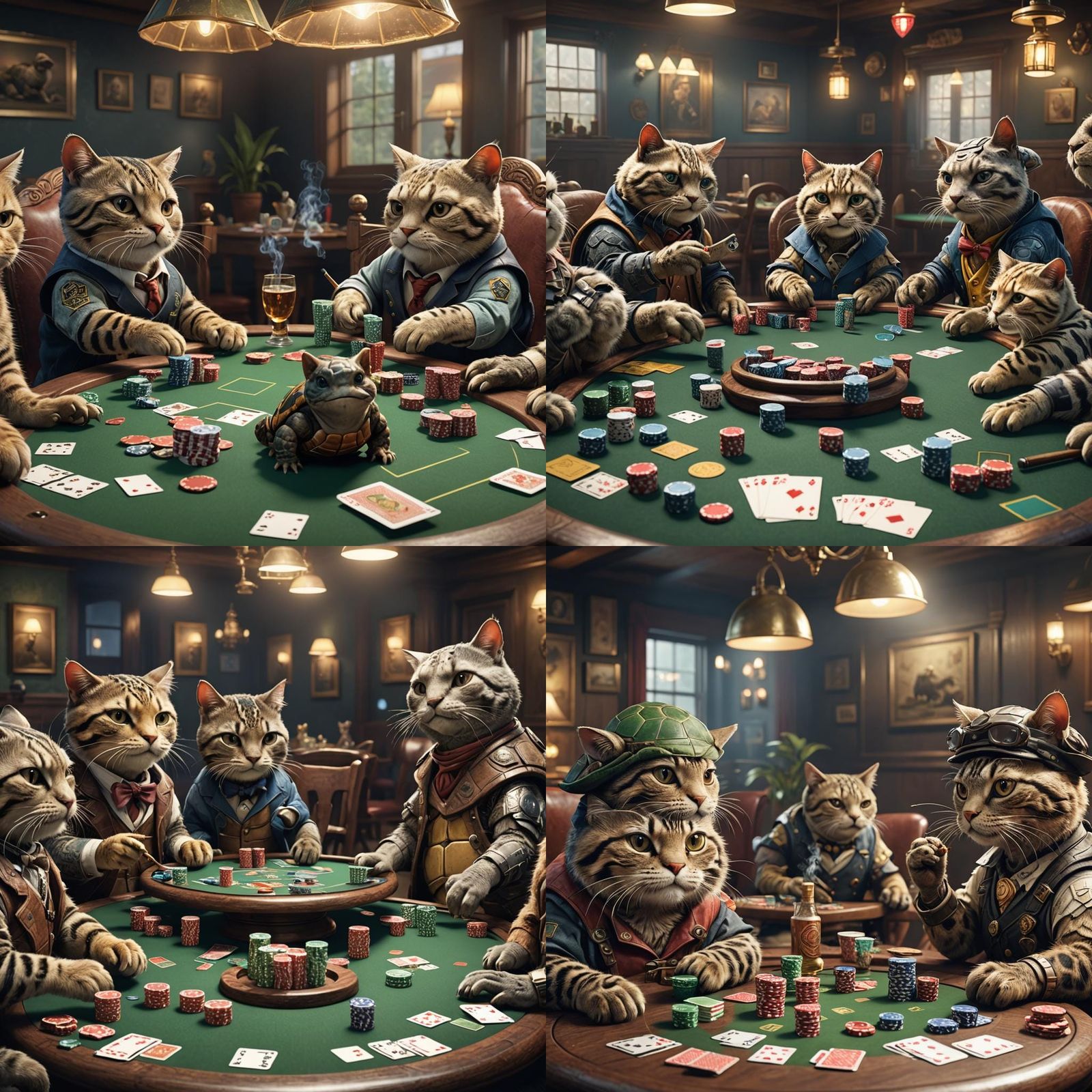 Cats and Tortoises Play Poker: 3D Cinematic Render
