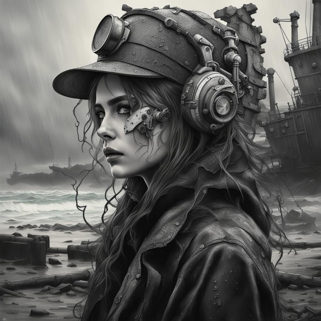 Gothic Model on Beach in Moody Black and White