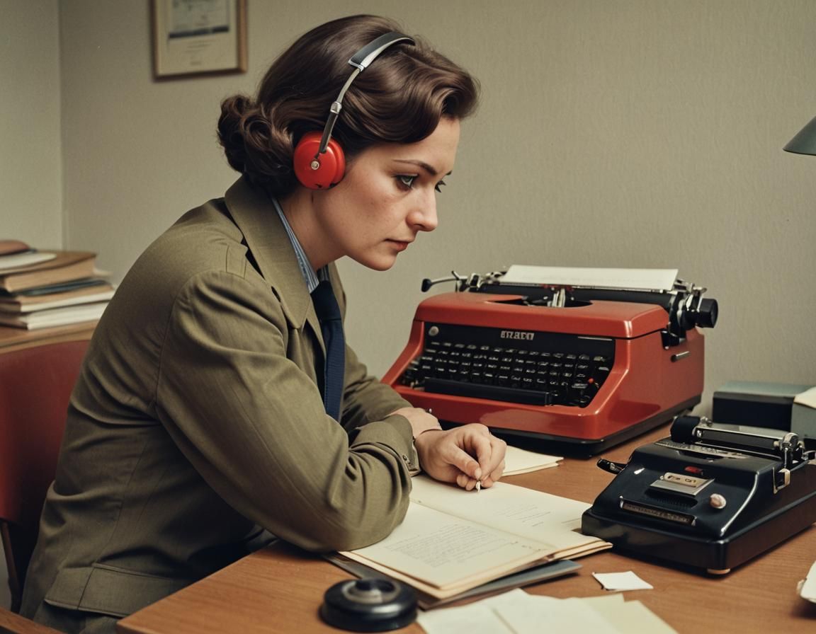 Tired Stasi Agent Transcribing Wiretaps in 1970s Office