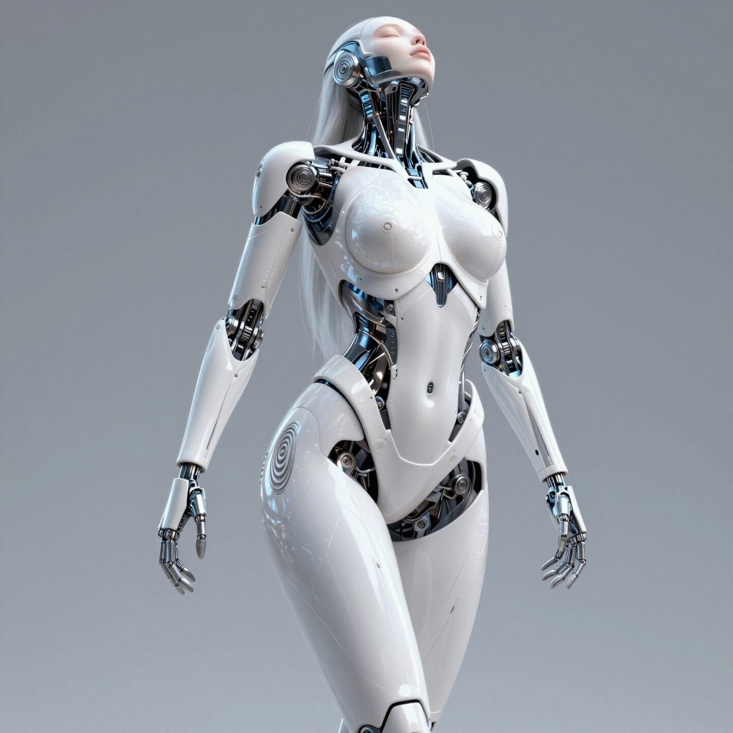 Elegant White Enamel Cyborg Woman in Girly Pose