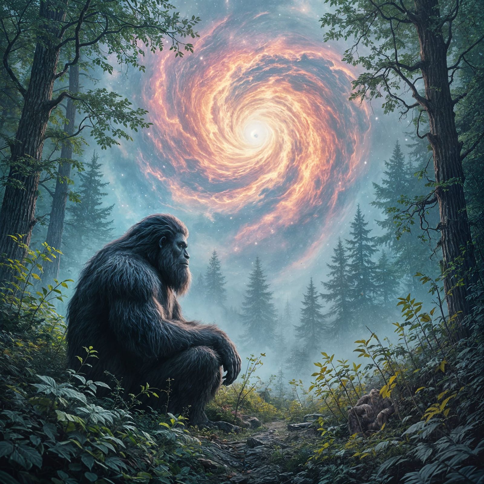 Sasquatch Contemplates Cosmos in Charcoal Graffiti Art