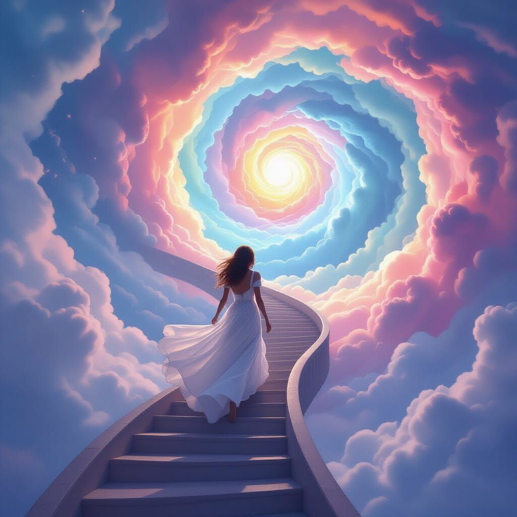 Ethereal Woman Ascends Tornado Staircase