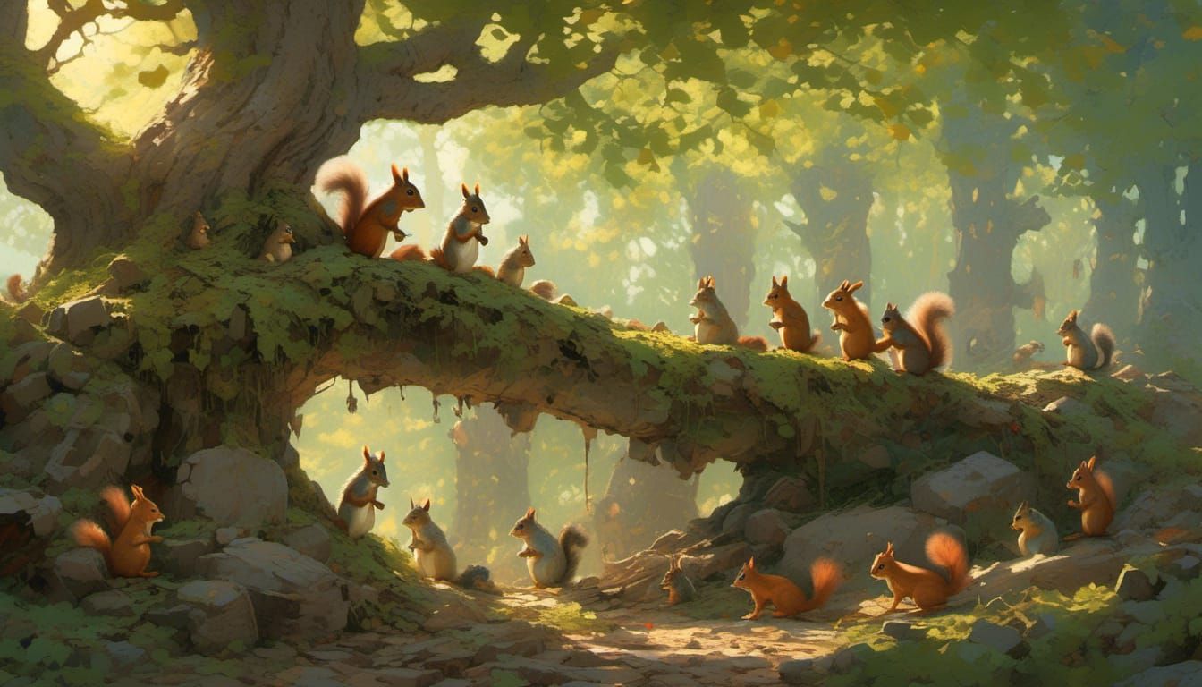 Squirrels Playing Under Gnarled Oak: Storybook Illustration