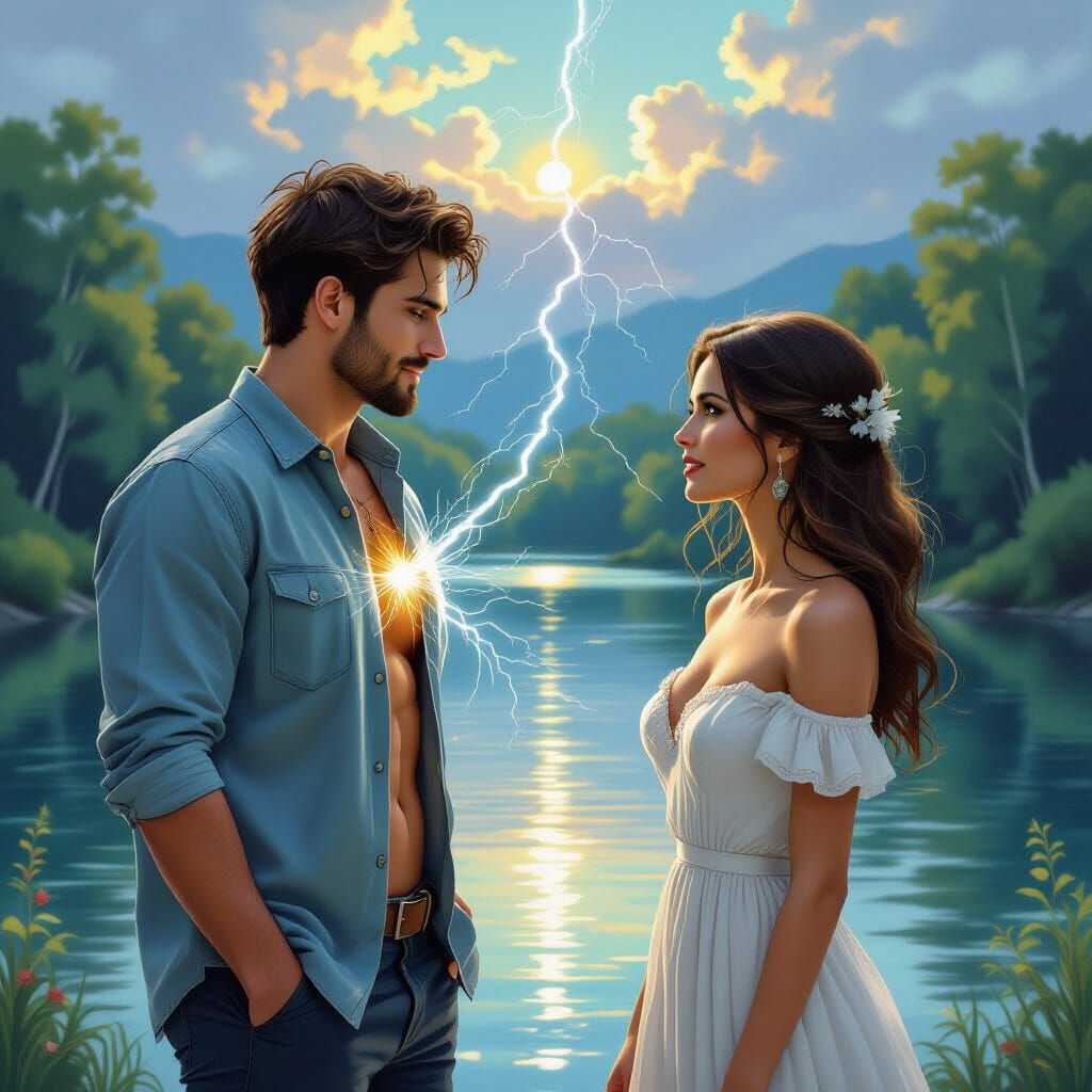 Electrifying Connection: Man and Woman Across River