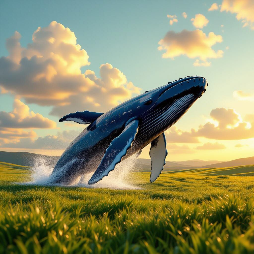 Giant Whale Breaching in Sunlit Pasture