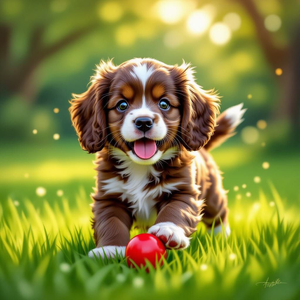 Chocolate Cocker Spaniel Puppy Plays with Red Ball
