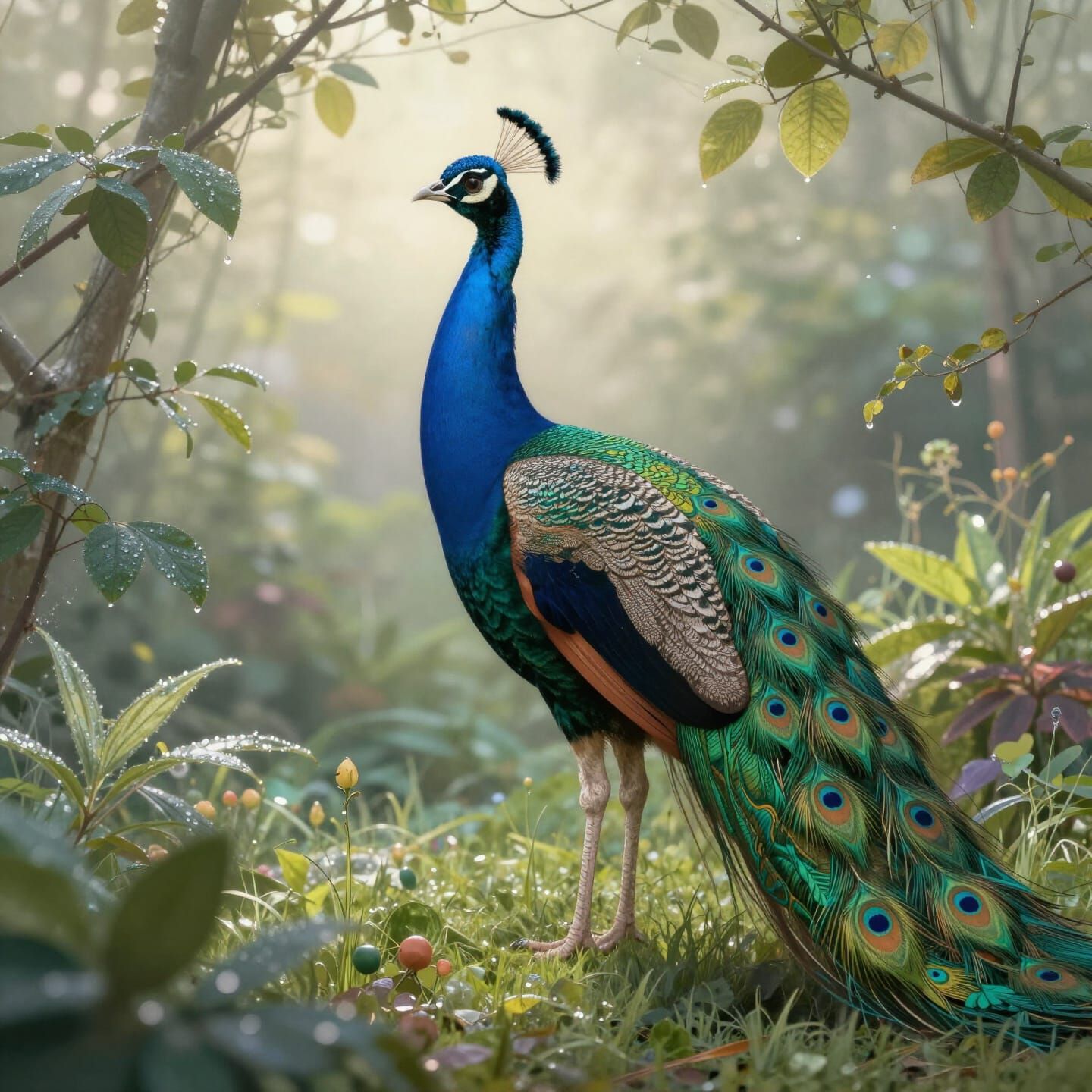 Majestic Peacock in Lush Garden at Dawn